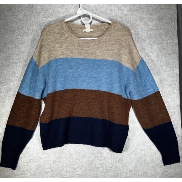 H&M Blue & Brown Striped Long Sleeve Color Block Sweater Women’s Size Small - Picture 1 of 7